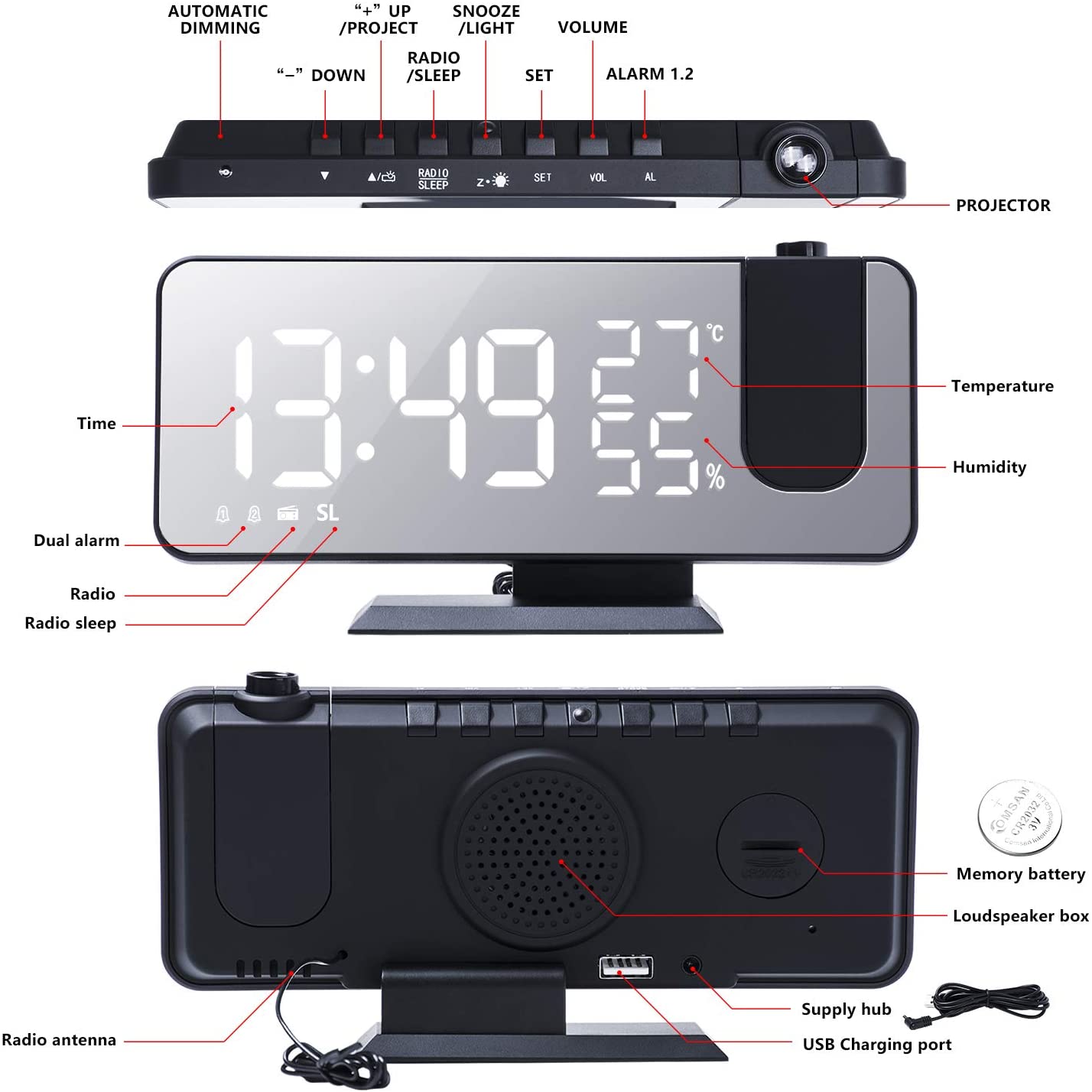 LED Projection Digital Alarm Clock Phone Charger - Q/Monk’S Store